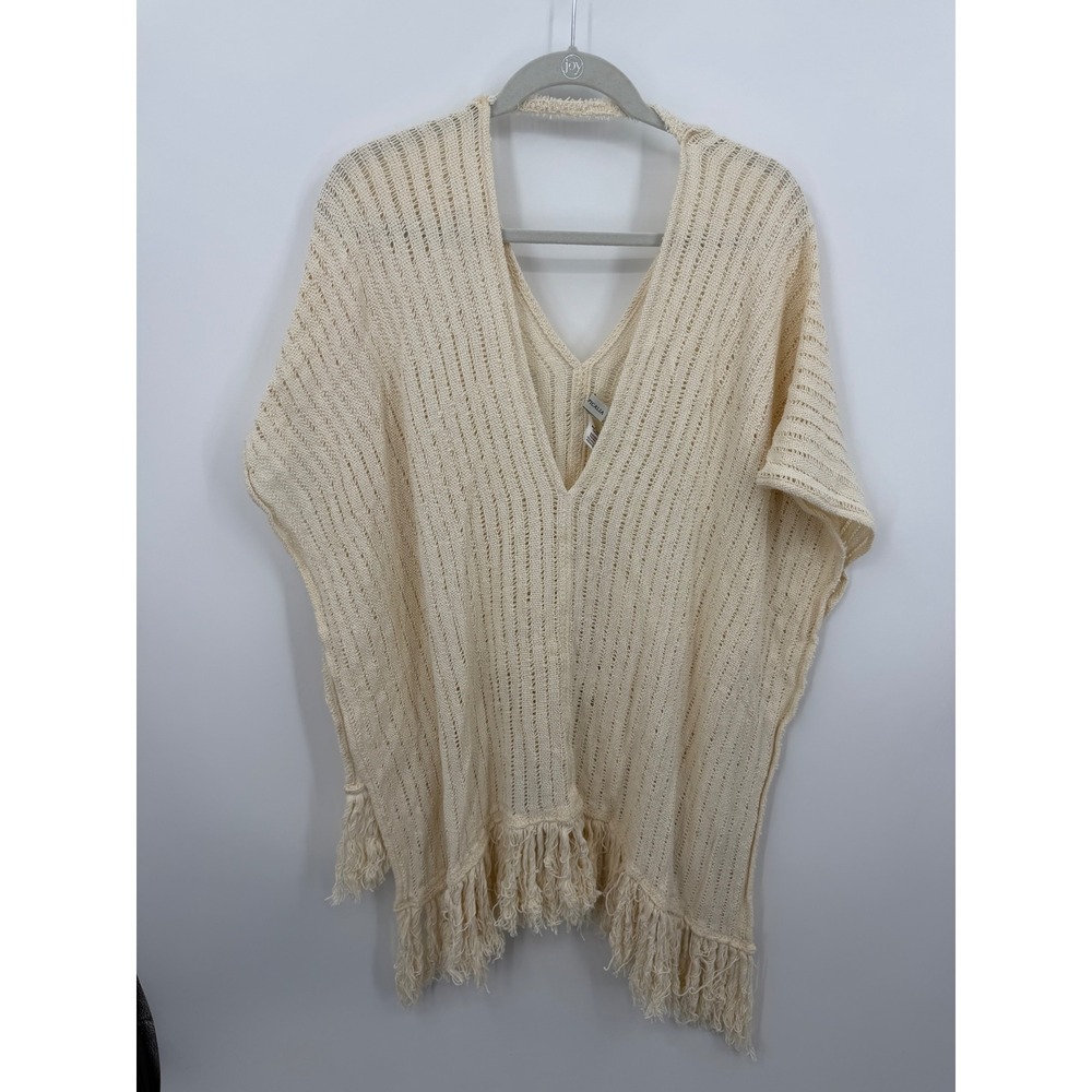 Subtropicalia Fringe Poncho Top Women OS Cream Open Knit Cotton V-Neck Boho